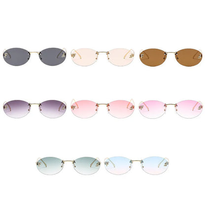 Lunettes de soleil de créateur de marque de luxe sans monture pour femmes, ovales rétro de petite taille, monture métallique, lunettes de soleil pour extérieur, style décontracté vacances, UV400 #300371
