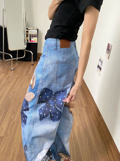 Jean large bleu Y2K pour femme à imprimé ours et graffiti, pantalon en jean vintage Harajuku baggy grunge, vêtements alternatifs