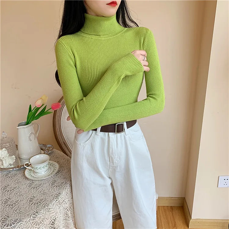 Pull femme automne-hiver 2026 à manches longues en maille, col roulé rabattable côtelé, doux et chaud, jumper pullover vêtements pour femme