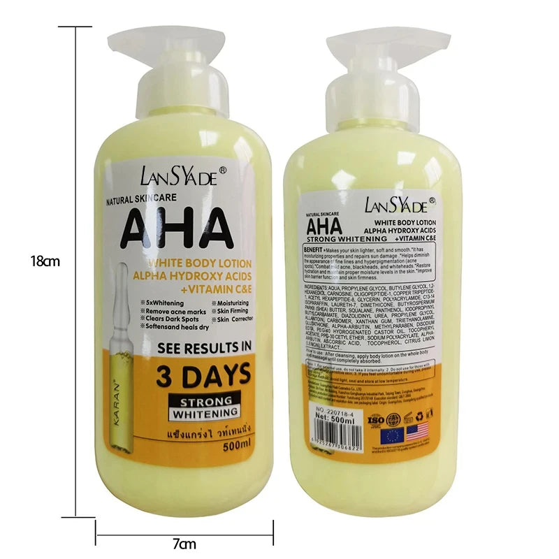 Lotion corporelle blanchissante 500 ml aux acides hydroxy AHA, vitamines C et E, lotion corporelle hydratante éclaircissante, élimine les marques d’acné, soin de la peau