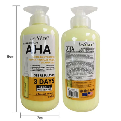 Lotion corporelle blanchissante 500 ml aux acides hydroxy AHA, vitamines C et E, lotion corporelle hydratante éclaircissante, élimine les marques d’acné, soin de la peau