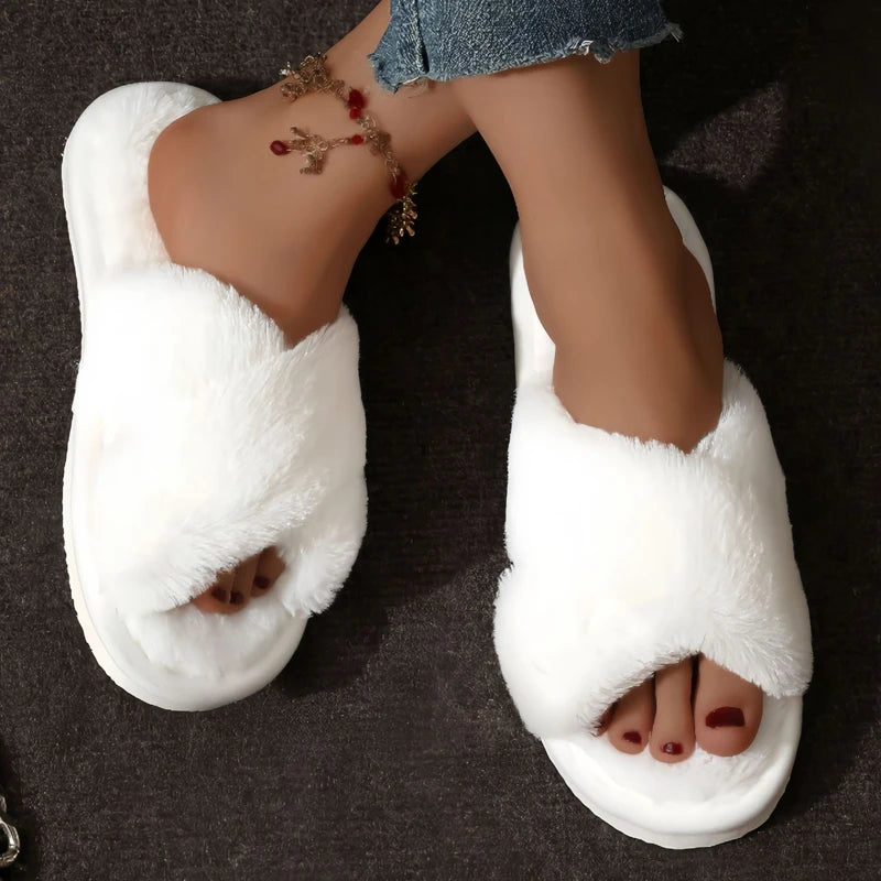 Pantoufles croisées chaudes, moelleuses et duveteuses pour femmes, légères, à talons plats, sandales en fourrure pour femme, automne-hiver, à bout ouvert, antidérapantes, chaussures d’intérieur pour la maison et le s
