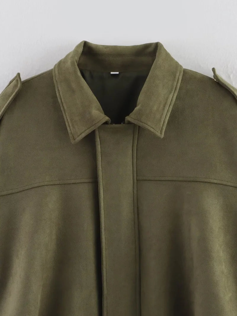 ETJ 2025 nouvelle veste bomber femme de printemps à effet suédine, coupe ample, col à revers, style mode, épaules marquéess