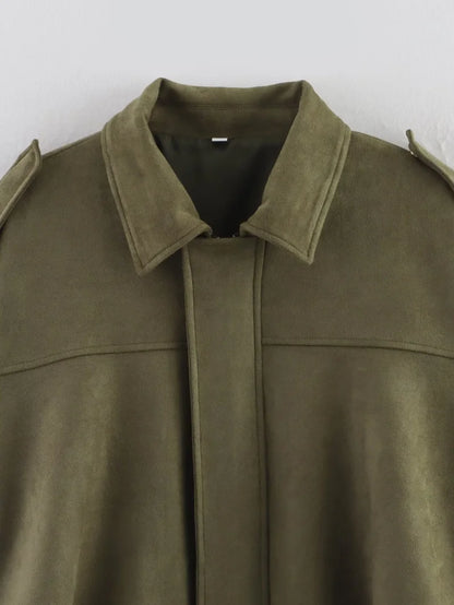 ETJ 2025 nouvelle veste bomber femme de printemps à effet suédine, coupe ample, col à revers, style mode, épaules marquéess