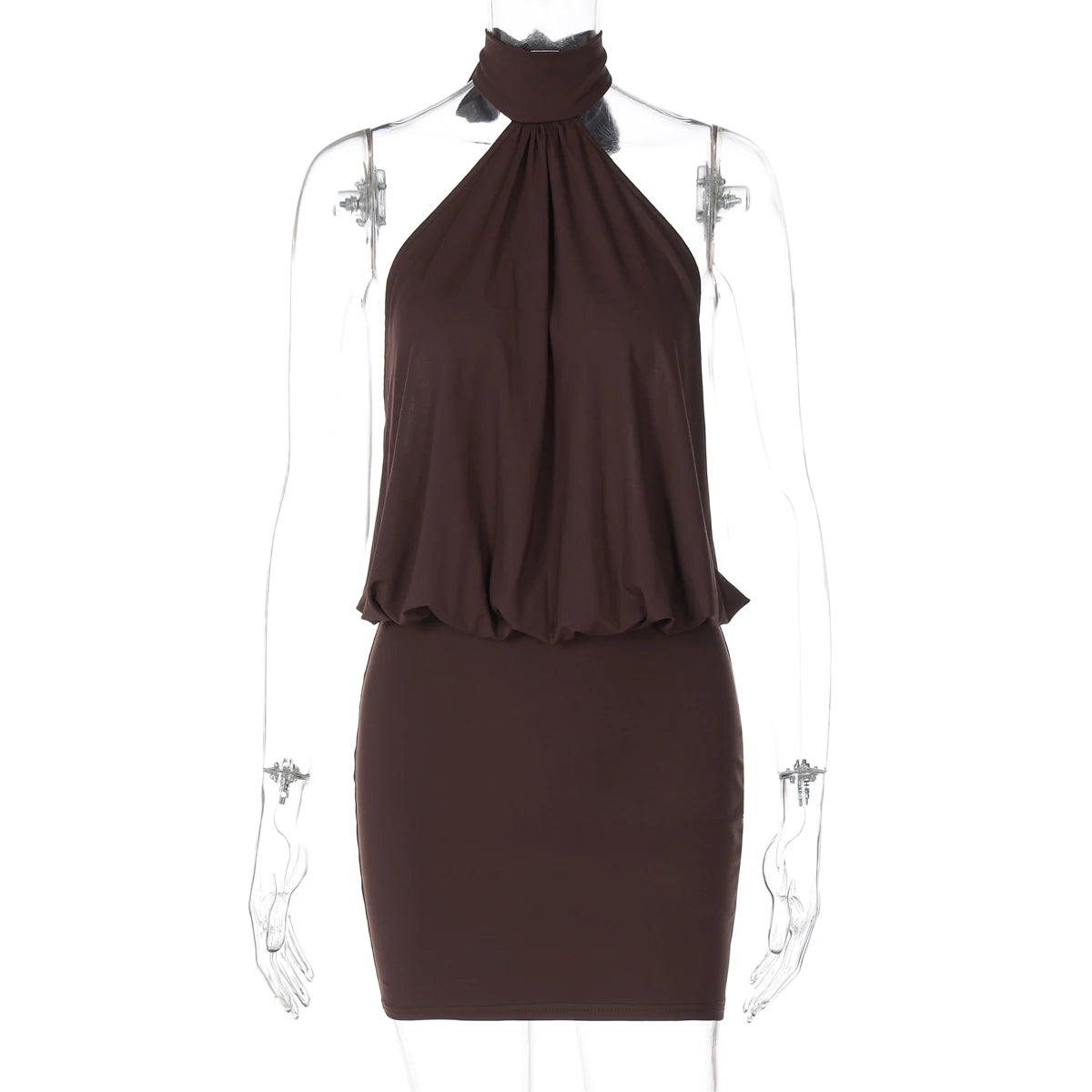 Robe mini Hugcitar Fashion à col licou, unie, sans manches, dos nu, bandage, froncée, sexy et moulante, vêtements d’été pour fête, vacances et club.