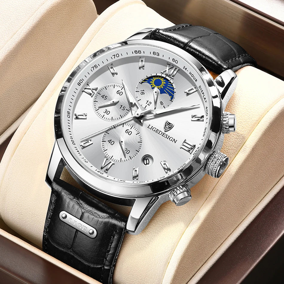 Montre-bracelet de luxe pour femme LIGE, bracelet en cuir, étanche, décontractée et sportive, à quartz, avec affichage 24 heures et phase de lune.