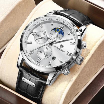 Montre-bracelet de luxe pour femme LIGE, bracelet en cuir, étanche, décontractée et sportive, à quartz, avec affichage 24 heures et phase de lune.
