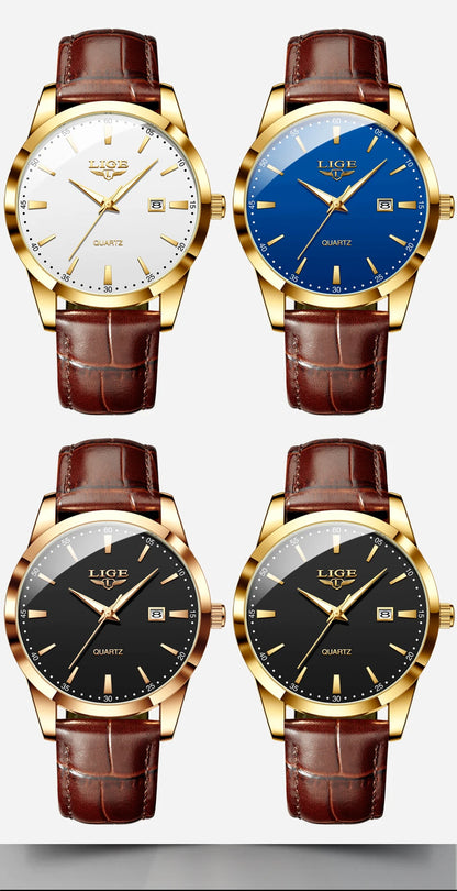 Montre Homme LIGE Nouvelle Montre de Luxe en Cuir Marron pour Homme, Montre Homme Mode Business, Montre Sport d’Extérieur Étanche à Quartz pour Homme