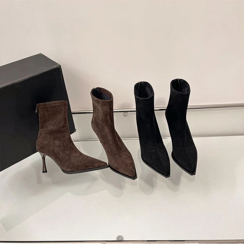Bottines à talons hauts pour femmes à bout pointu, chaussures élégantes et tendance pour danse et soirées, bottines courtes slim extensibles pour femmes, automne-hiver