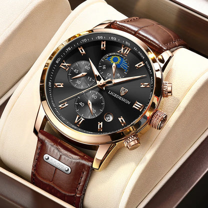 Montre-bracelet de luxe pour femme LIGE, bracelet en cuir, étanche, décontractée et sportive, à quartz, avec affichage 24 heures et phase de lune.
