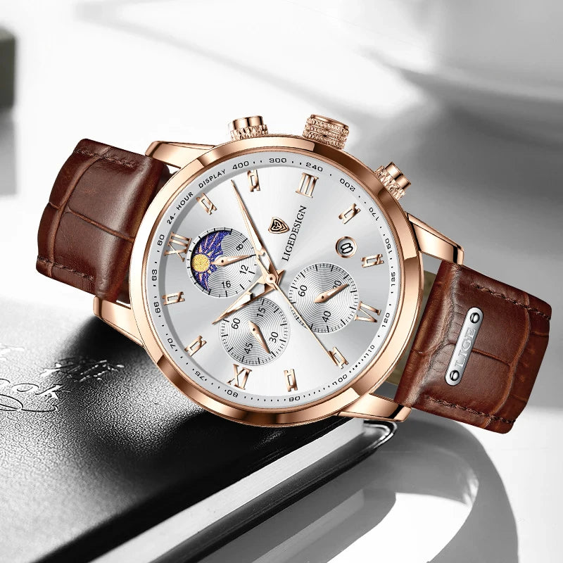 Montre-bracelet de luxe pour femme LIGE, bracelet en cuir, étanche, décontractée et sportive, à quartz, avec affichage 24 heures et phase de lune.