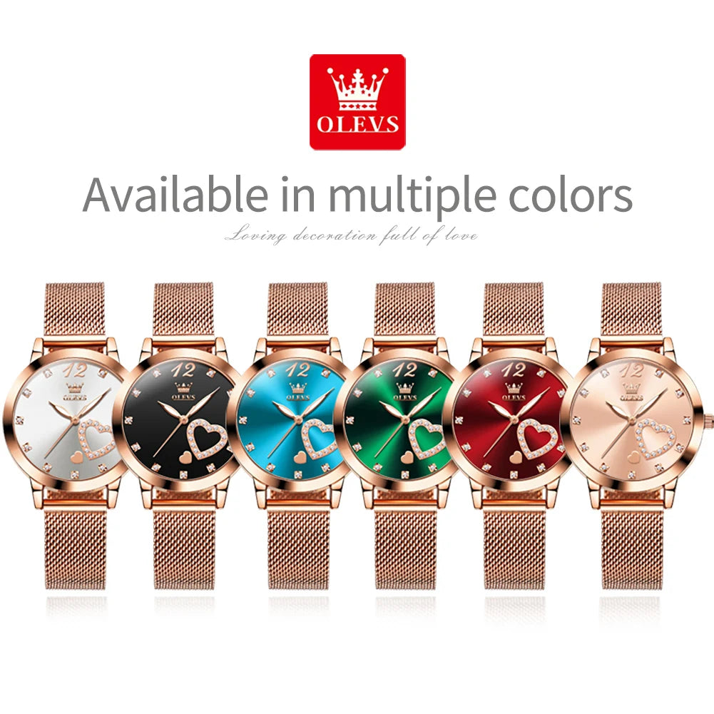 Montre pour femme OLEVS 5189, montre-bracelet à quartz, montre décontractée et tendance pour dames, étanche, lumineuse, bracelet en maille, cadran cœur, index en zircon.