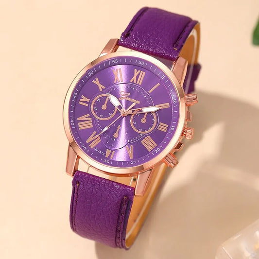 Montre Femme Fashion Montres pour Femmes Bracelet en Cuir Violet Quartz Montre-Bracelet pour Femmes Montre Décontractée et Professionnelle Relogio Feminino