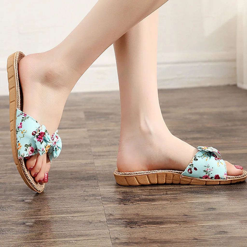 Chaussures pour femme Sandales Mujer Femmes Féminines Nœud décoratif Lin en toile Tongs Chaussures de plage Sandales Pantoufles Chaussures Femme