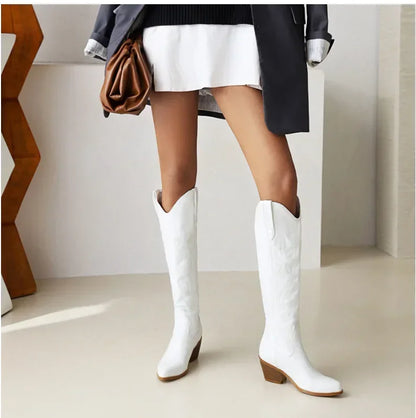 Bottes de chevalier à bout pointu pour femmes en cuir PU marron, bottes hautes jusqu’au genou pour femme, style western cowboy automne-hiver, longues bottes mujer 2024