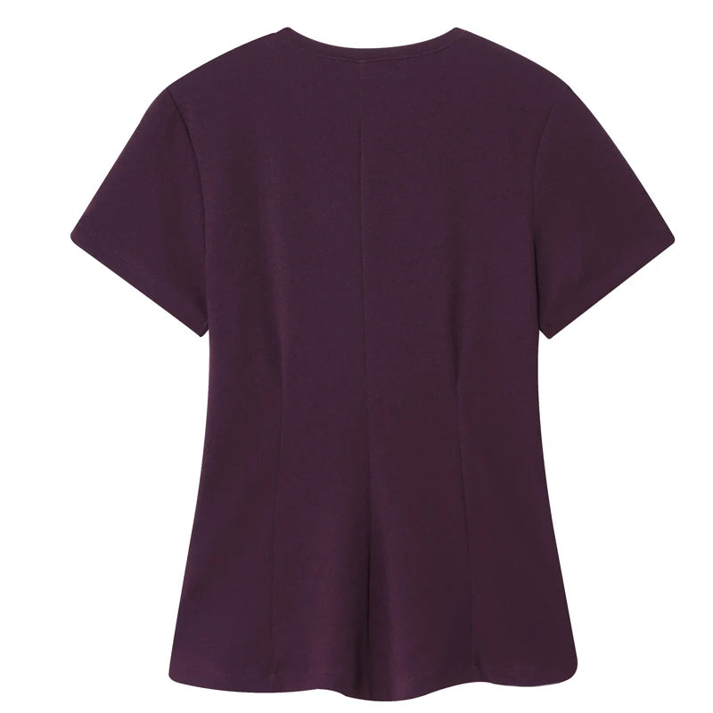 T-shirt femme d'été beige violet à manches courtes, haut élégant féminin plissé effet amincissant, nouveau haut femme printemps 2026