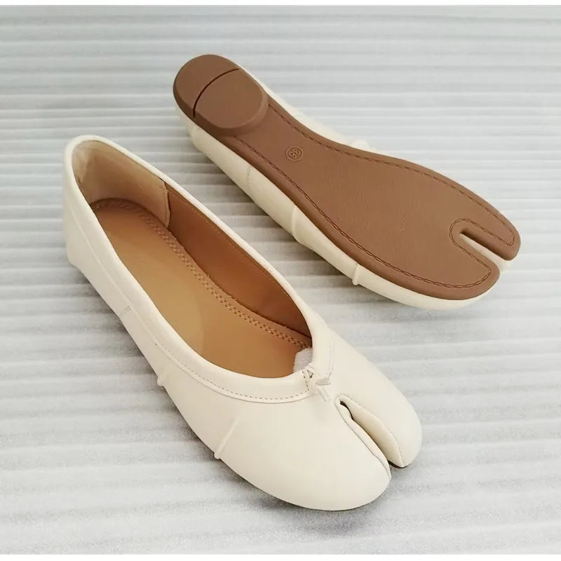 Chaussures plates de ballet pour femmes à bout fendu, chaussures tabi tendance, mocassins décontractés à enfiler, espadrilles en cuir plissé pour femmes, zapatillas mujer