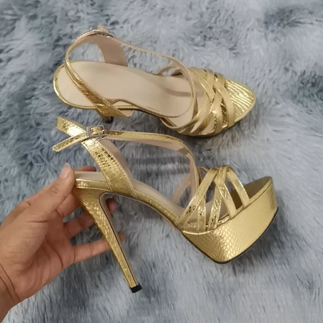 Sandales à plateforme pour femmes sexy 14 cm, défilés de mode, bout ouvert, talons hauts, stilettos à motif serpent, bride à la cheville, chaussures de soirée style gladiateur