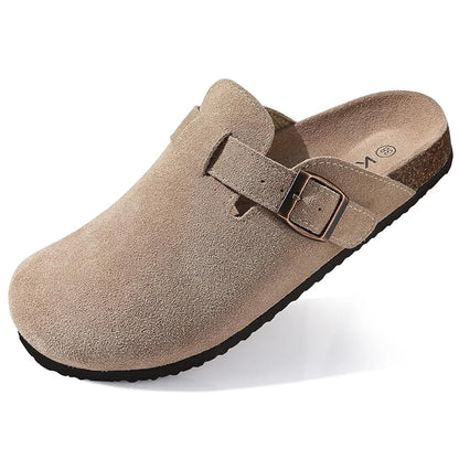 Litfun Nouveaux sabots pour femmes, mules en suède de liège tendance pour femmes, chaussons classiques en liège antidérapants pour l’extérieur avec soutien de la voûte plantaire