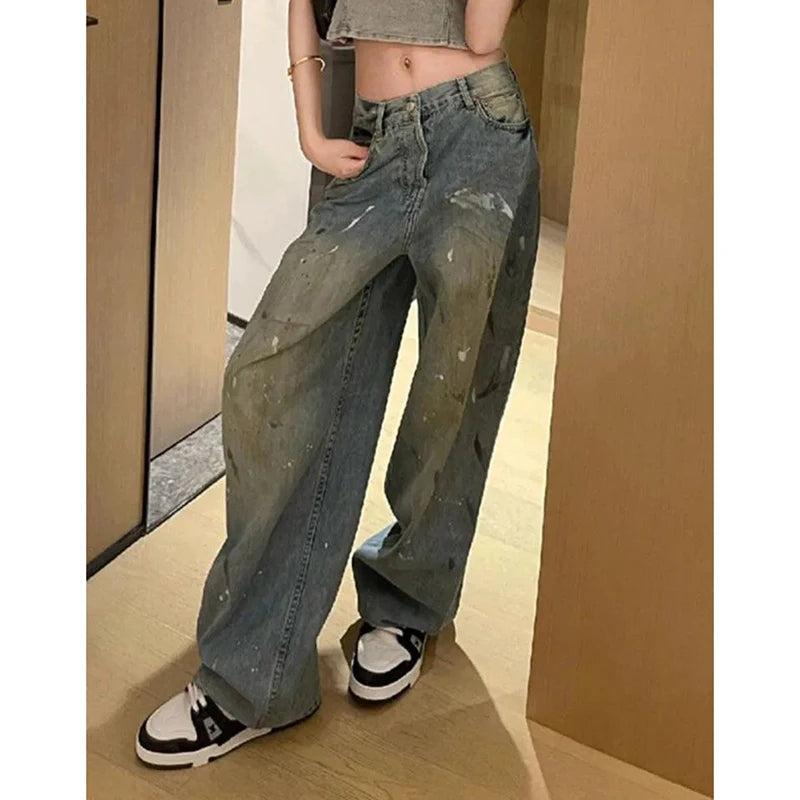Pantalons jeans taille haute pour femme de créateur, pantalons en denim amples à imprimé chic pour femme, jeans fins à jambes droites tendance pour filles, pantalons en denim.