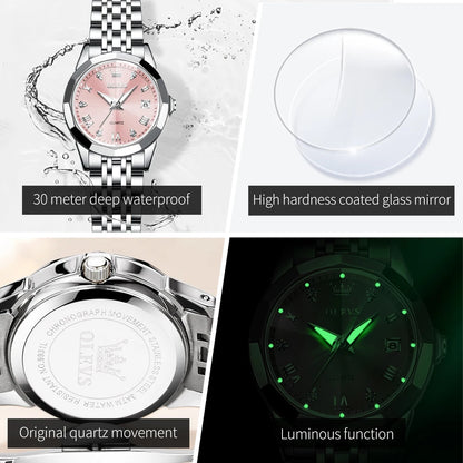 Montres pour femmes OLEVS élégantes et luxueuses avec bracelet en acier inoxydable, montre-bracelet à quartz originale pour homme, étanche, lumineuse, avec date, tendance habillée