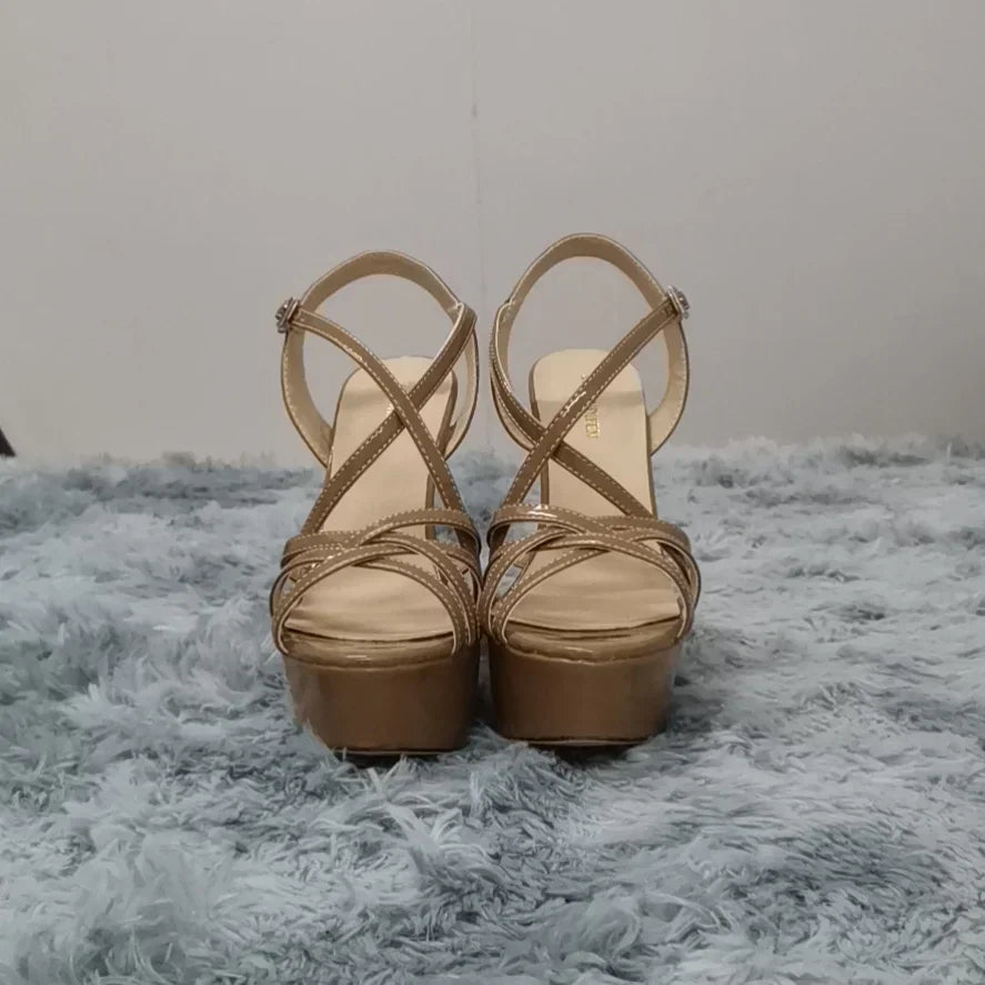 Sandales à plateforme pour femmes sexy 14 cm, défilés de mode, bout ouvert, talons hauts, stilettos à motif serpent, bride à la cheville, chaussures de soirée style gladiateur