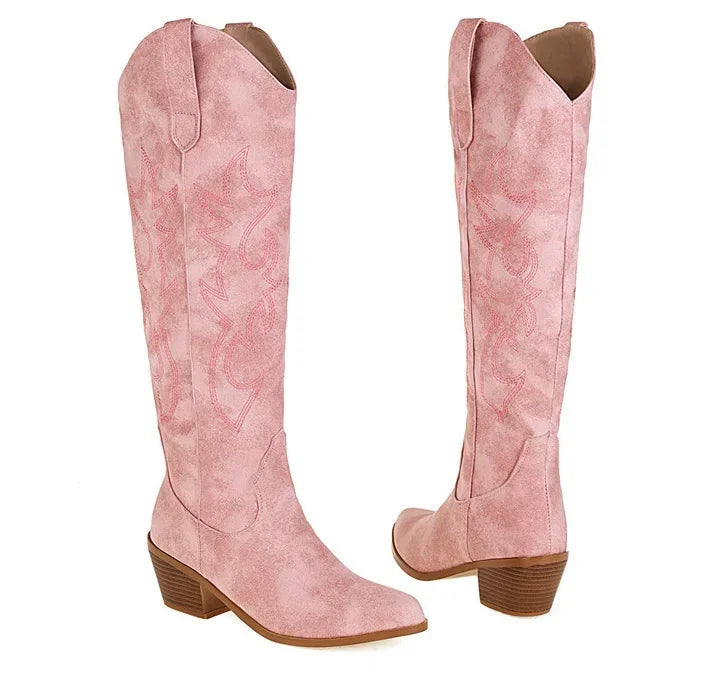 Bottes de chevalier à bout pointu pour femmes en cuir PU marron, bottes hautes jusqu’au genou pour femme, style western cowboy automne-hiver, longues bottes mujer 2024