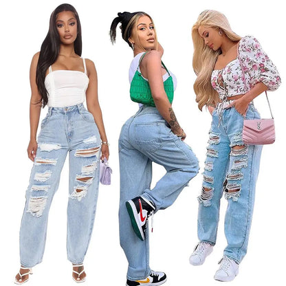 Pantalon en denim déchiré pour femmes, jean élastique de printemps, mode femme : jeans déchirés décontractés taille haute, pantalon à jambe droite