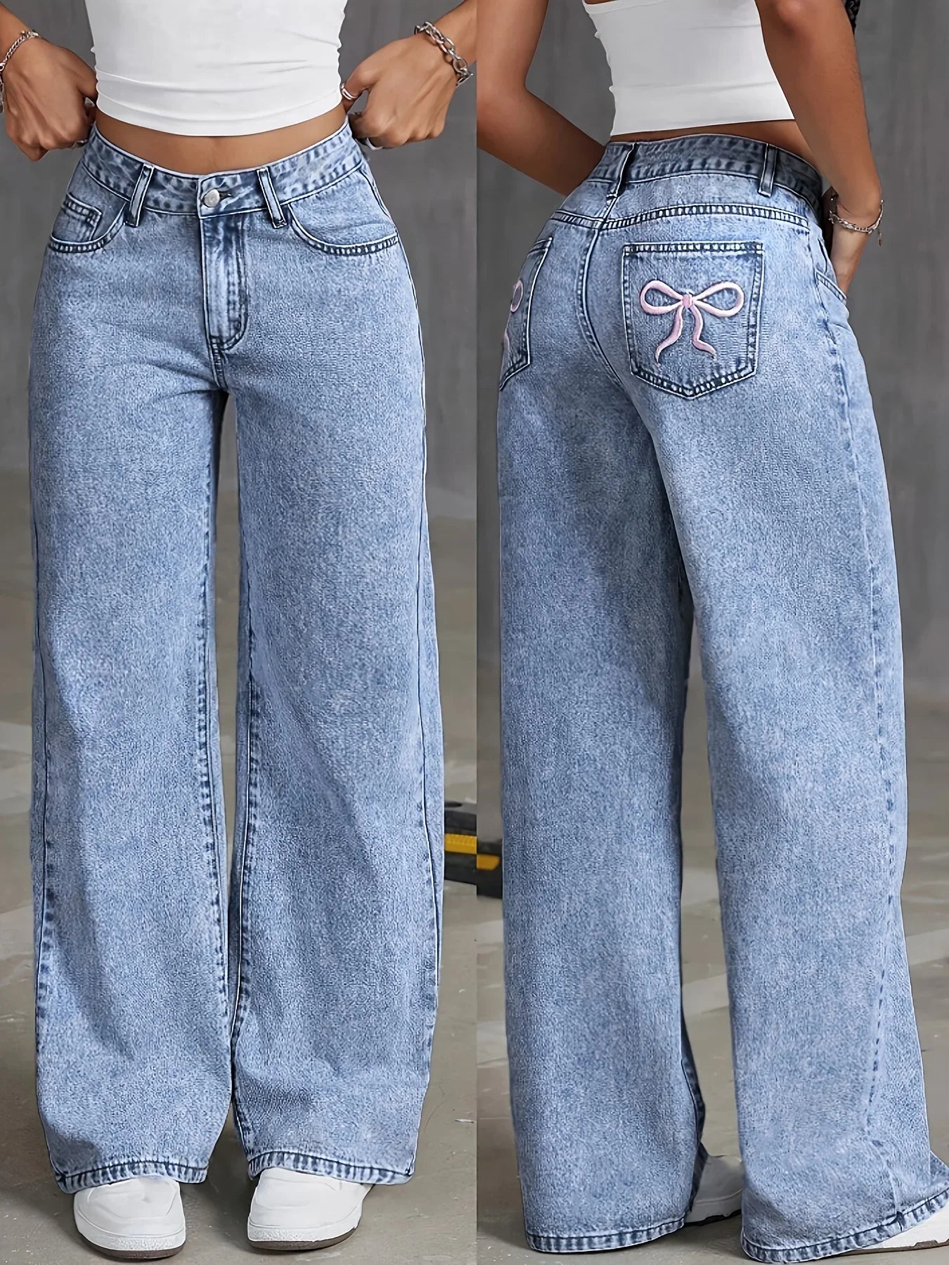 Pantalon large en denim délavé polyvalent et à la mode pour femmes avec broderie de nœud sur la poche arrière