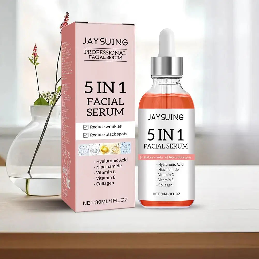 Sérum visage raffermissant 5 en 1 pour estomper les ridules, hydratant et éclaircissant, sérum facial à la vitamine C et à l’acide hyaluronique, resserre les pores, soin de la peau