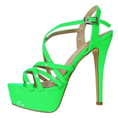 Sandales à plateforme pour femmes sexy 14 cm, défilés de mode, bout ouvert, talons hauts, stilettos à motif serpent, bride à la cheville, chaussures de soirée style gladiateur