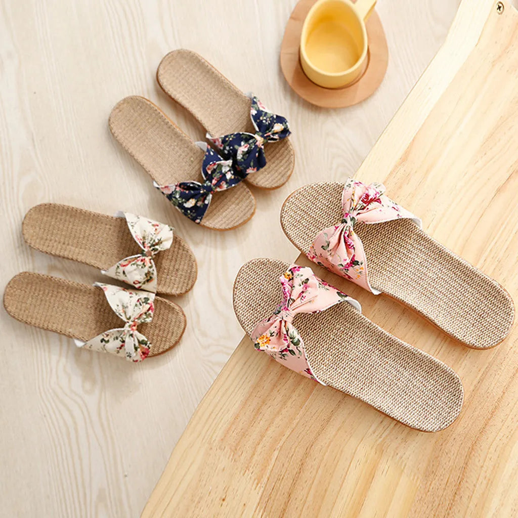 Chaussures pour femme Sandales Mujer Femmes Féminines Nœud décoratif Lin en toile Tongs Chaussures de plage Sandales Pantoufles Chaussures Femme