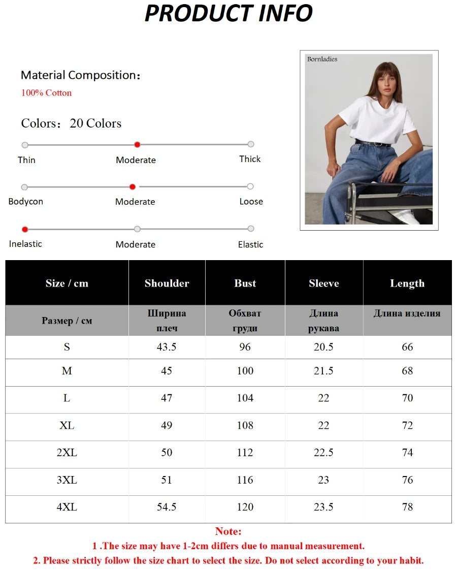 Bornladies Summer T-shirt femme 100 % coton, basique, tendance, uni, manches courtes, haut à superposer ample, 230 g/m², hauts et chemises