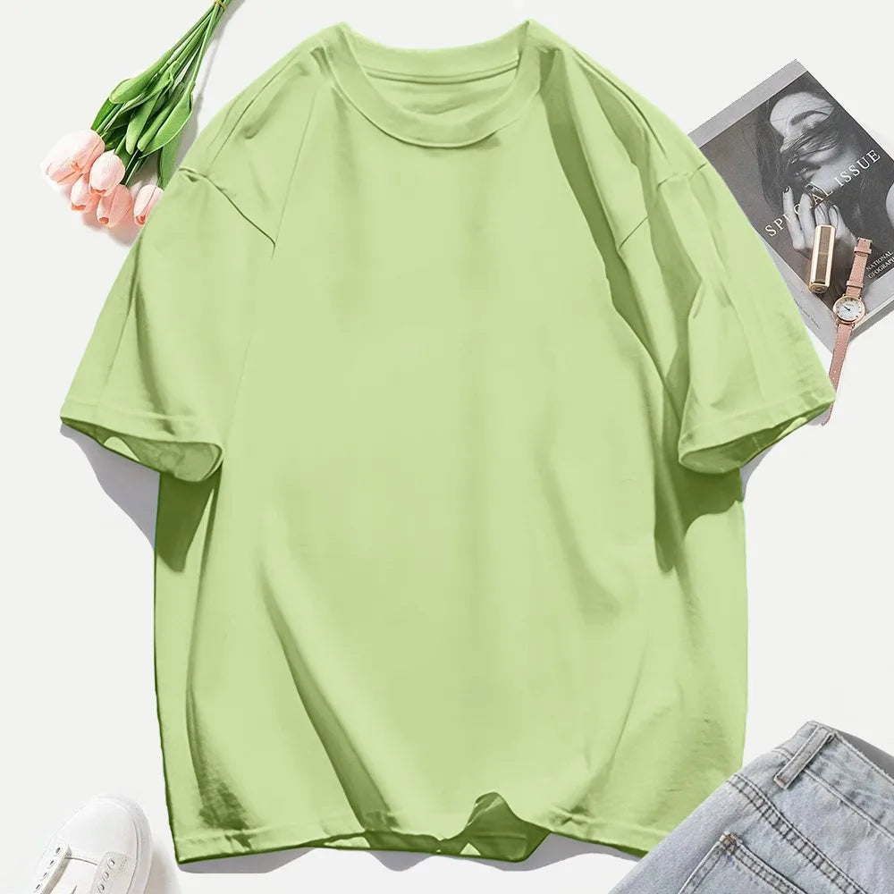 T-shirt femme Y2K 100 % coton, t-shirt décontracté de couleur unie, col rond, hauts d’été pour femmes, mode oversize, sportswear féminin tendance.