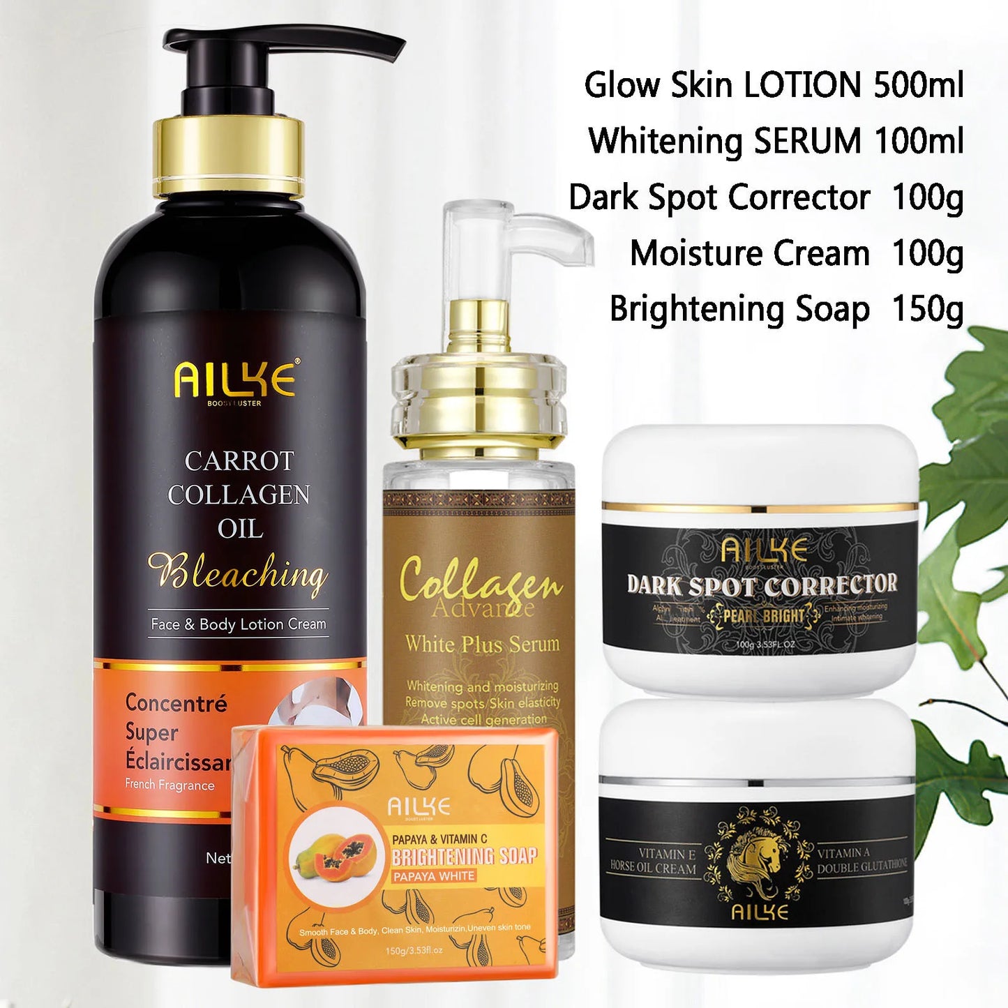 Ensemble de soins de la peau au collagène AILKE pour femmes, hydratant, blanchissant, élimine les taches de rousseur, les taches brunes, les points noirs, kit éclaircissant pour la peau