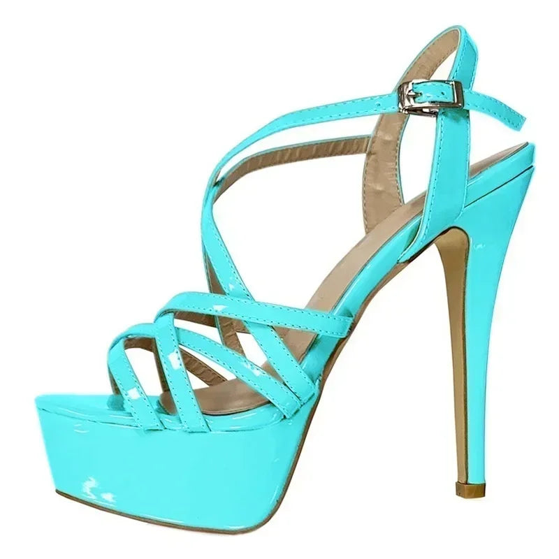 Sandales à plateforme pour femmes sexy 14 cm, défilés de mode, bout ouvert, talons hauts, stilettos à motif serpent, bride à la cheville, chaussures de soirée style gladiateur