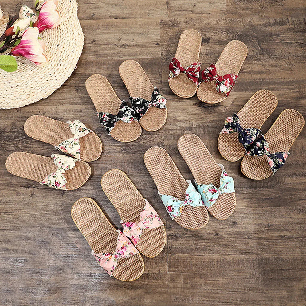 Chaussures pour femme Sandales Mujer Femmes Féminines Nœud décoratif Lin en toile Tongs Chaussures de plage Sandales Pantoufles Chaussures Femme