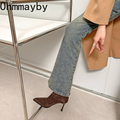 Bottines à talons hauts pour femmes à bout pointu, chaussures élégantes et tendance pour danse et soirées, bottines courtes slim extensibles pour femmes, automne-hiver