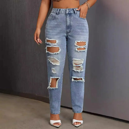 Mode européenne et américaine, jeans délavés et déchirés polyvalents et décontractés, nouveaux pantalons femme printemps-été à jambes étroites. Jeans 9 pouces