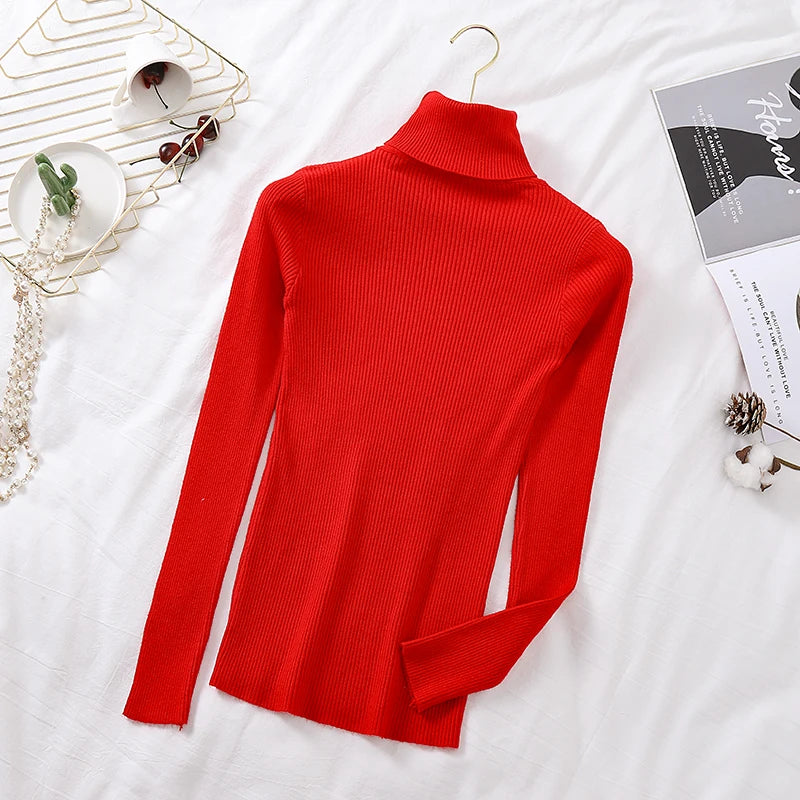 Pull femme automne-hiver 2026 à manches longues en maille, col roulé rabattable côtelé, doux et chaud, jumper pullover vêtements pour femme