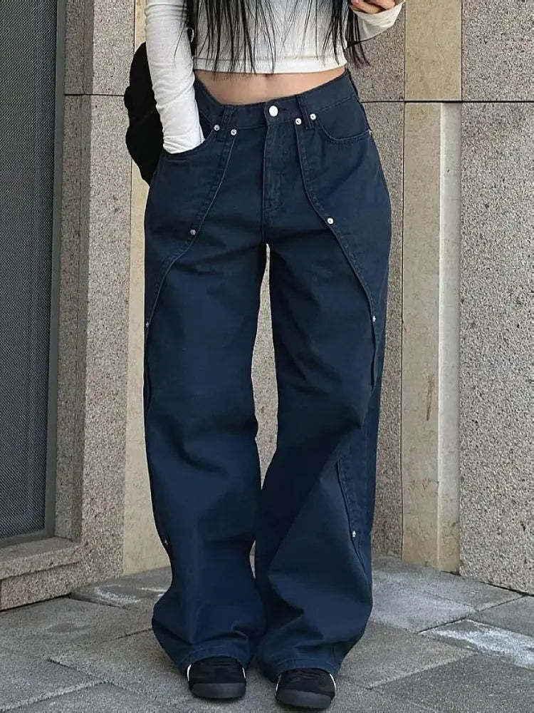 Jeans pour femme vêtements Y2K pantalon ample coupe décontractée à jambe large style rétro américain vintage avec design patchwork à rivets et fente