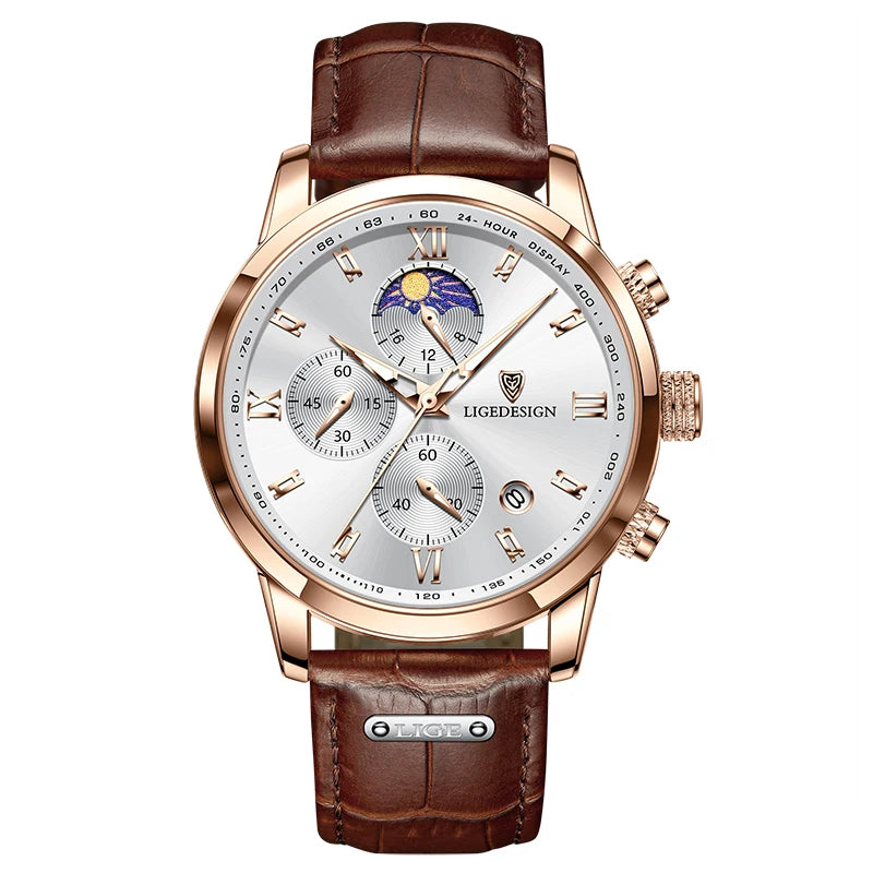 Montre-bracelet de luxe pour femme LIGE, bracelet en cuir, étanche, décontractée et sportive, à quartz, avec affichage 24 heures et phase de lune.