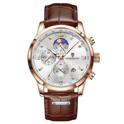 Montre-bracelet de luxe pour femme LIGE, bracelet en cuir, étanche, décontractée et sportive, à quartz, avec affichage 24 heures et phase de lune.