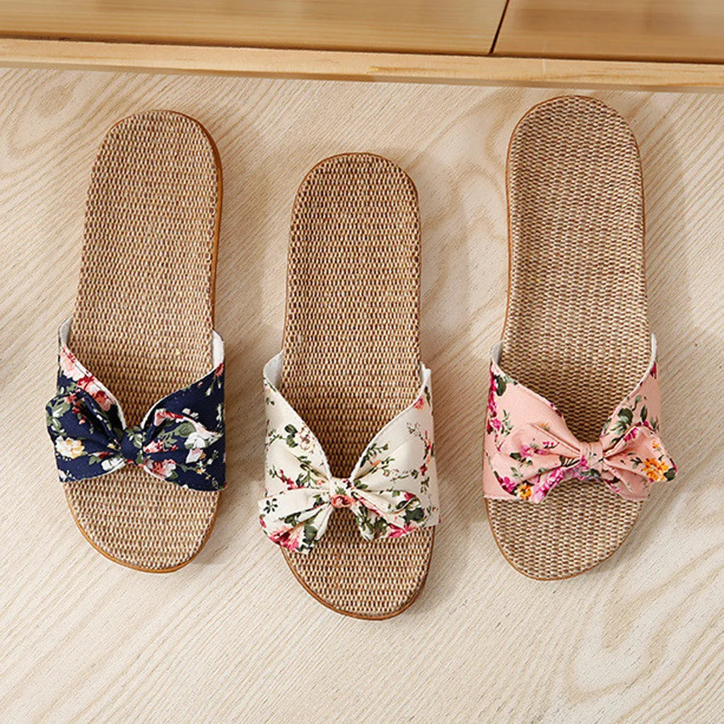 Chaussures pour femme Sandales Mujer Femmes Féminines Nœud décoratif Lin en toile Tongs Chaussures de plage Sandales Pantoufles Chaussures Femme