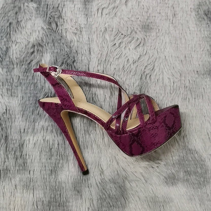 Sandales à plateforme pour femmes sexy 14 cm, défilés de mode, bout ouvert, talons hauts, stilettos à motif serpent, bride à la cheville, chaussures de soirée style gladiateur