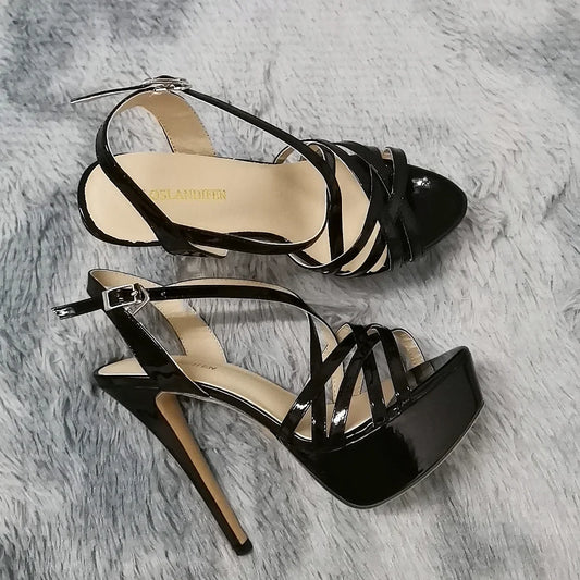 Sandales à plateforme pour femmes sexy 14 cm, défilés de mode, bout ouvert, talons hauts, stilettos à motif serpent, bride à la cheville, chaussures de soirée style gladiateur