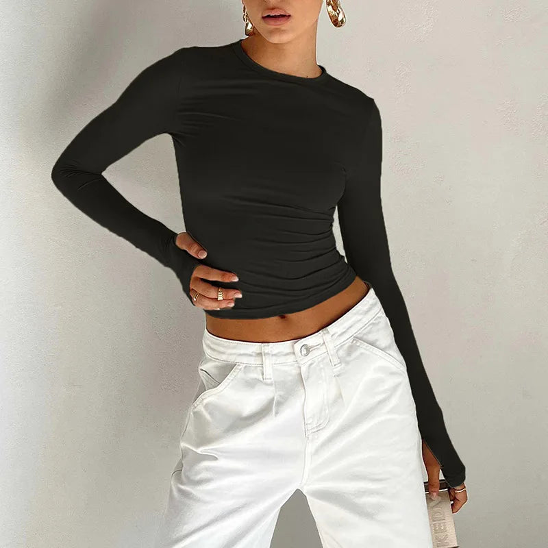 T-shirt femme mode à manches longues, col rond, uni, coupe slim, crop top pour femmes avec trous pour les pouces, pour le quotidien, streetwear d’été, camisoles