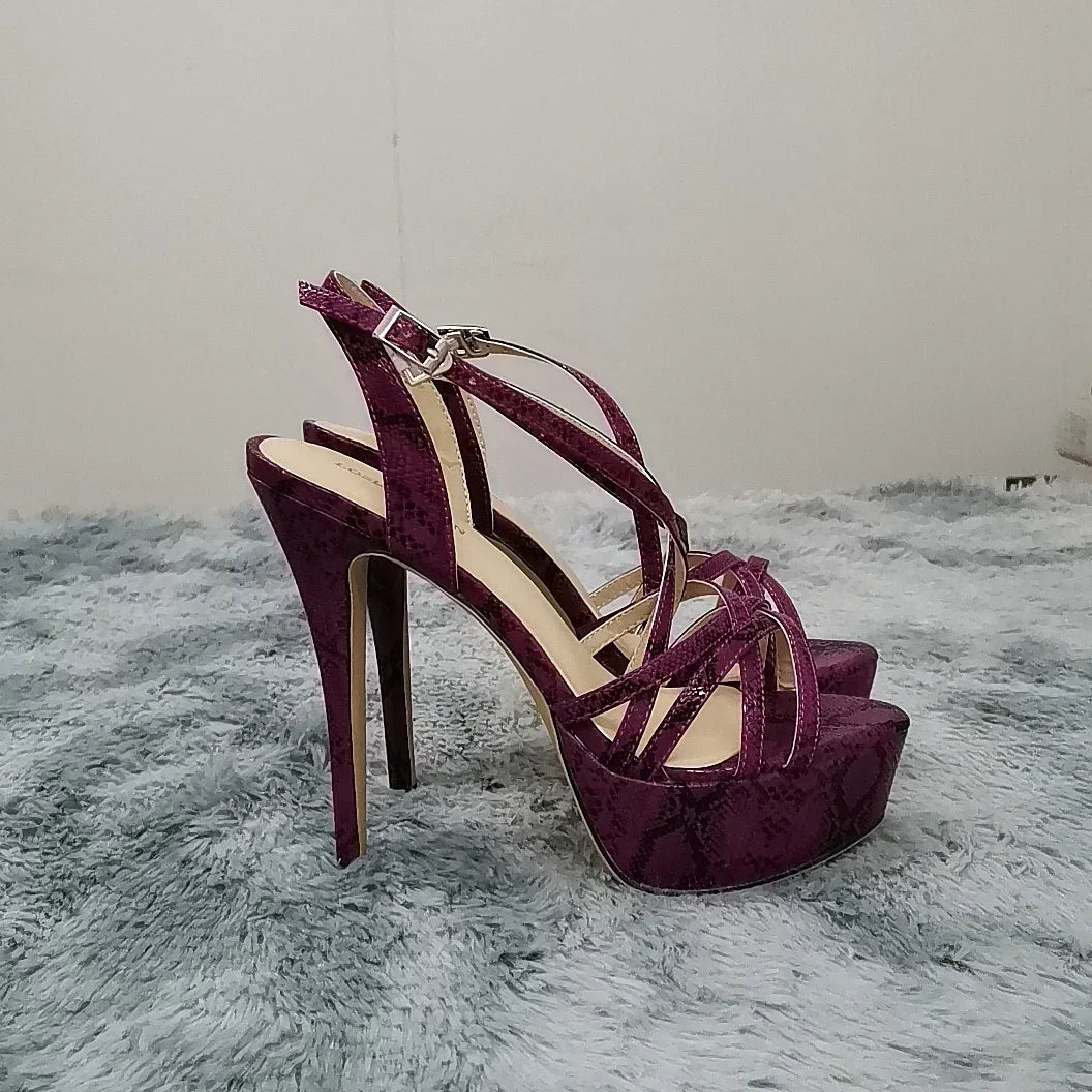 Sandales à plateforme pour femmes sexy 14 cm, défilés de mode, bout ouvert, talons hauts, stilettos à motif serpent, bride à la cheville, chaussures de soirée style gladiateur