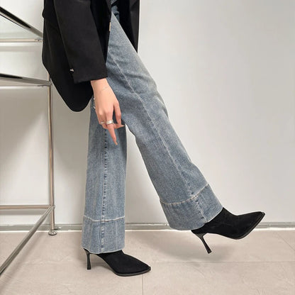 Bottines à talons hauts pour femmes à bout pointu, chaussures élégantes et tendance pour danse et soirées, bottines courtes slim extensibles pour femmes, automne-hiver