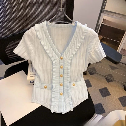 T-shirt tricoté pour femmes uni à volants printemps été col en V élégant vêtements pour femmes à simple boutonnage t-shirts adorables